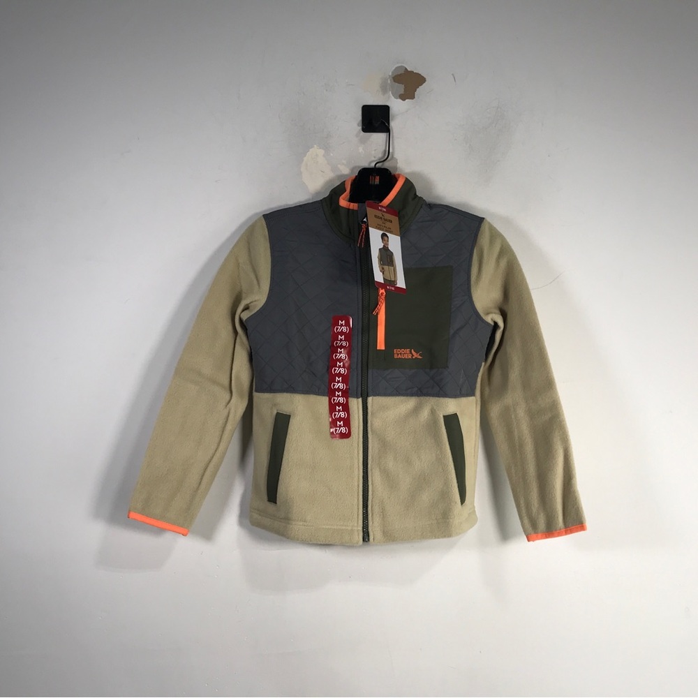 Eddie Bauer Polar Fleece Jacket, Kid Boy's Size M 7/8 - Tan/Grey/Green/Orange